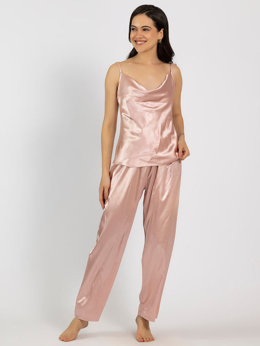 Pink Satin Cowl Neck Camisole & Pajama Set
