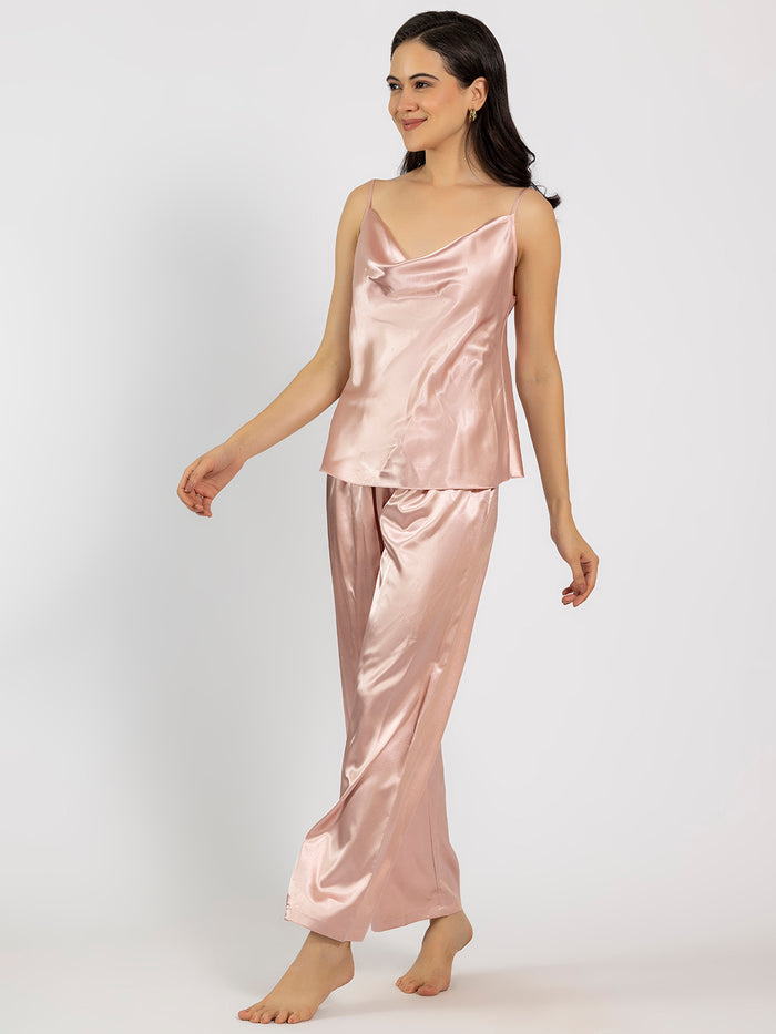 Pink Satin Cowl Neck Camisole & Pajama Set