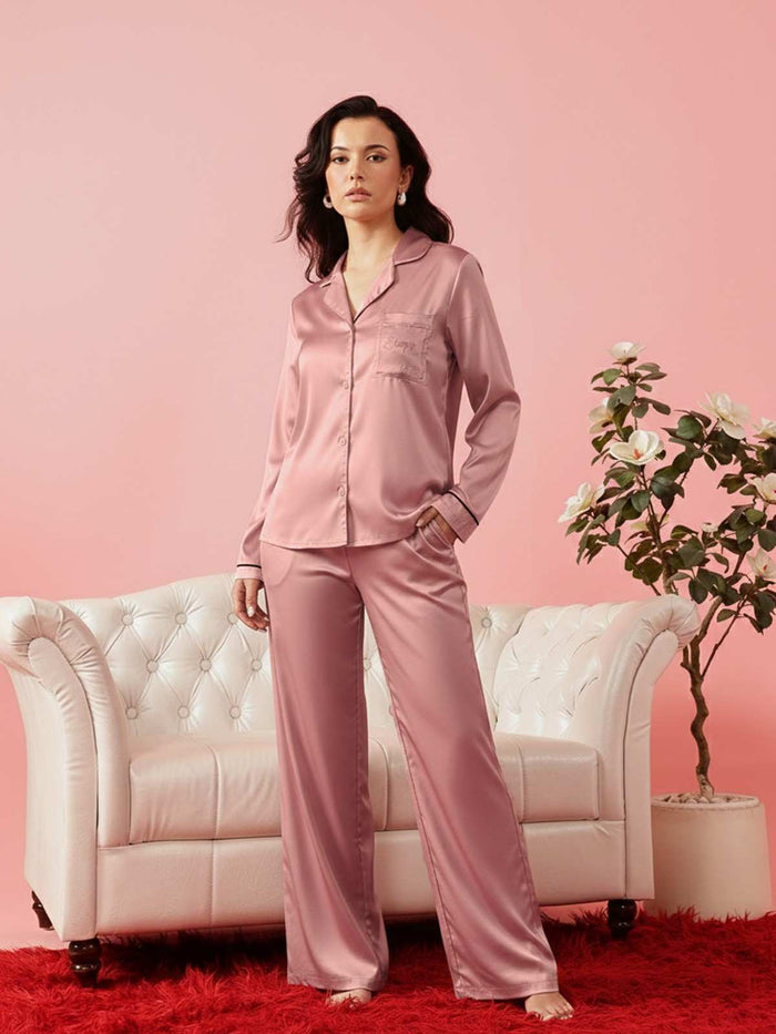 Pink Satin Full Sleeves Shirt &  Pyjama Set