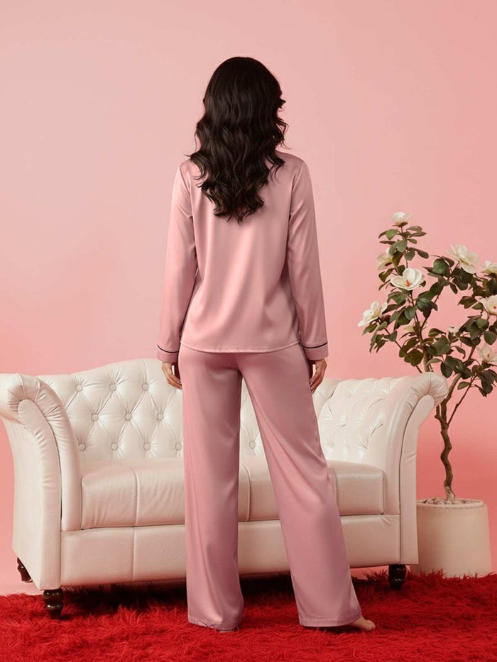 Pink Satin Full Sleeves Shirt &  Pyjama Set