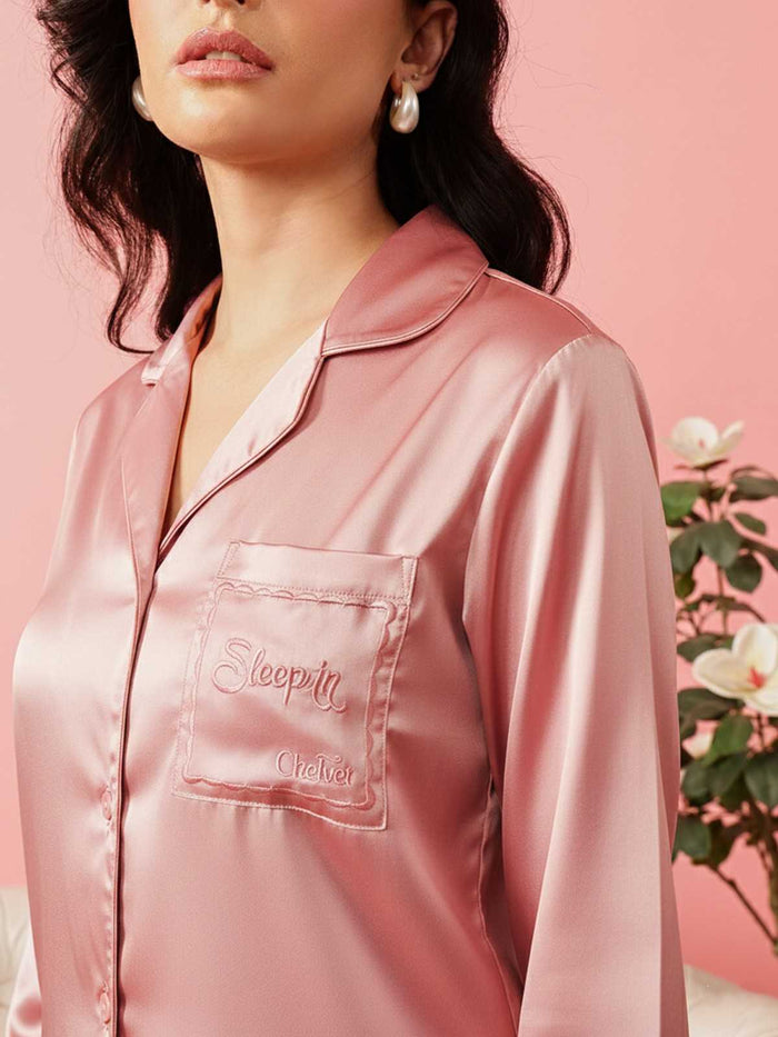 Pink Satin Full Sleeves Shirt &  Pyjama Set