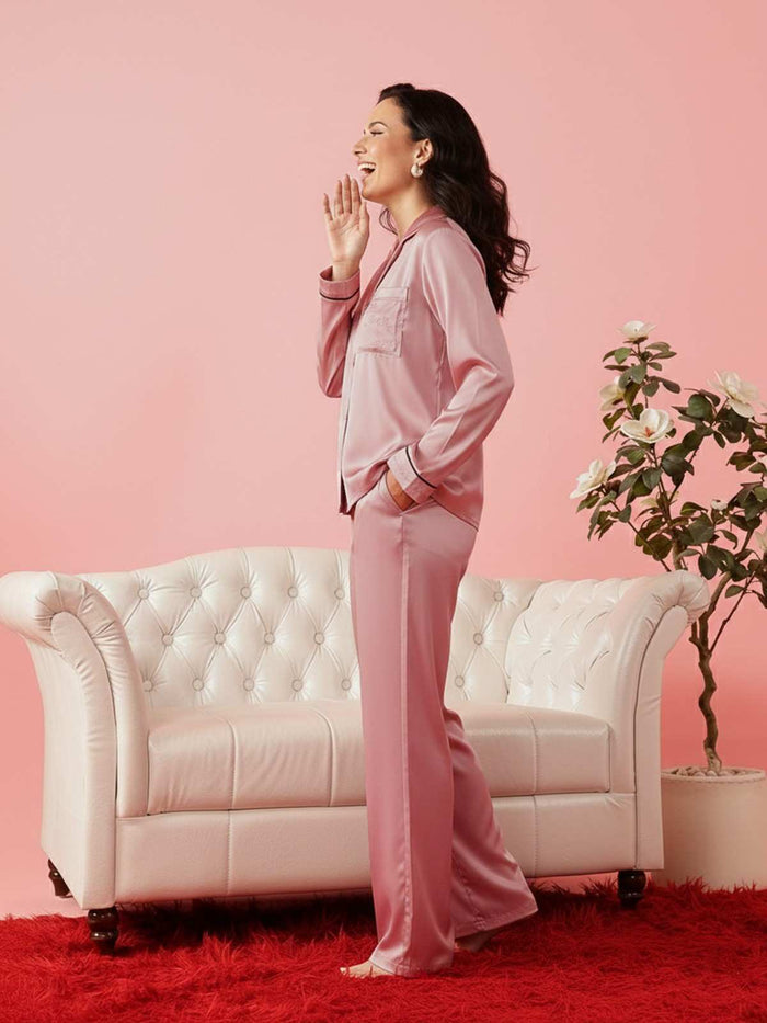 Pink Satin Full Sleeves Shirt &  Pyjama Set