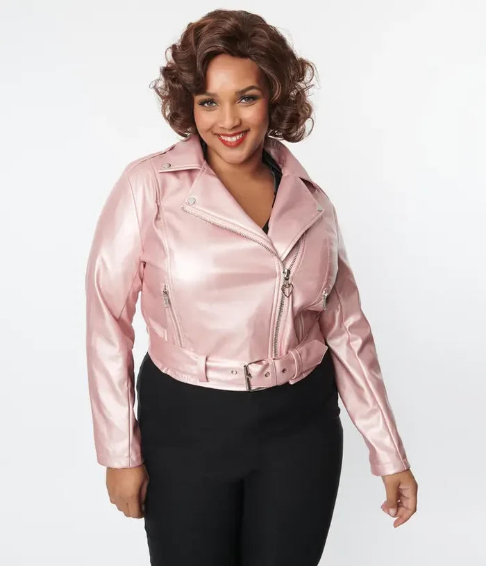 Plus size pink vegan leather jacket