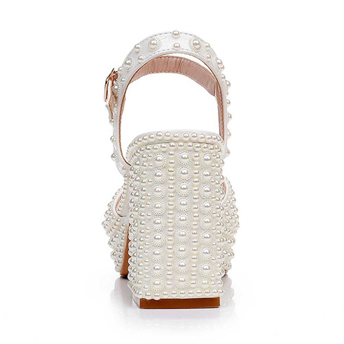 Platform Wedding Shoes Pearls Bridal Sandals Buckle Strap Chunky Heel Shoes