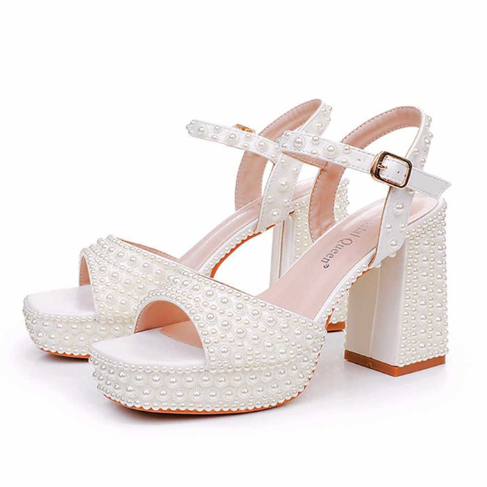Platform Wedding Shoes Pearls Bridal Sandals Buckle Strap Chunky Heel Shoes