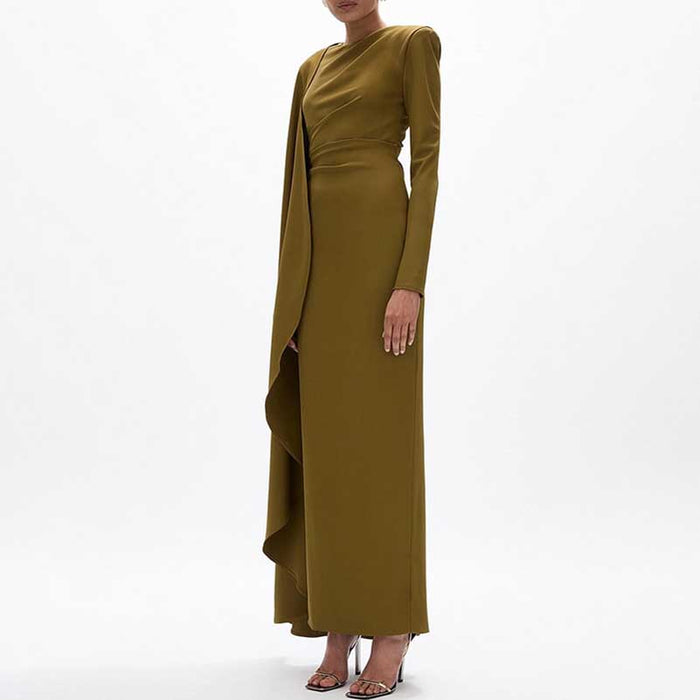 Pleated Round Neck Cape Maxi Dress in Green