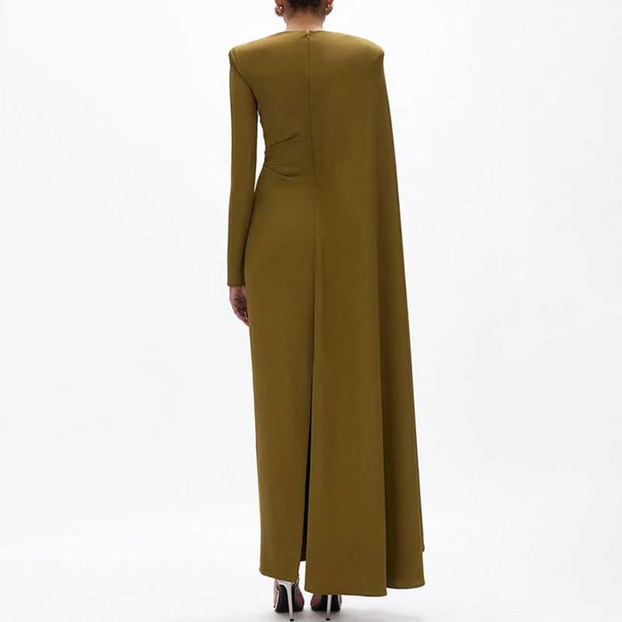 Pleated Round Neck Cape Maxi Dress in Green