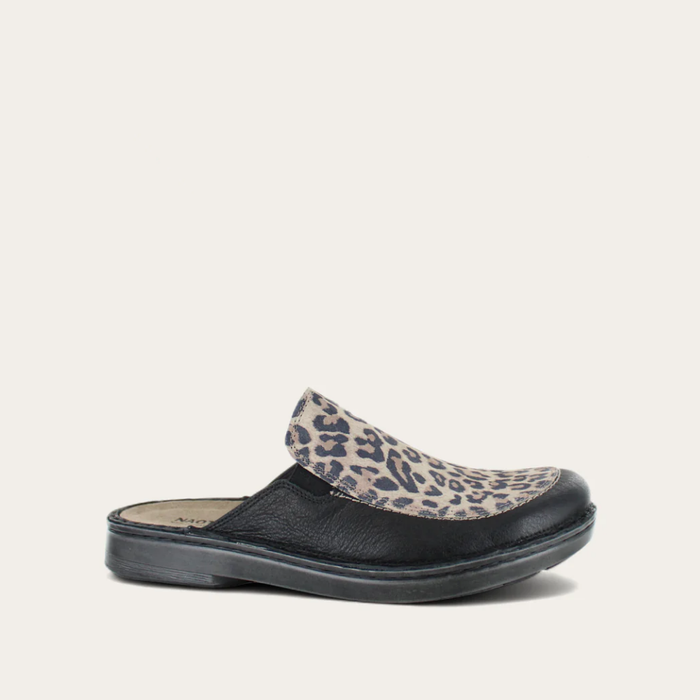 A women's slip-on clog with a black leather base and a cheetah print top.