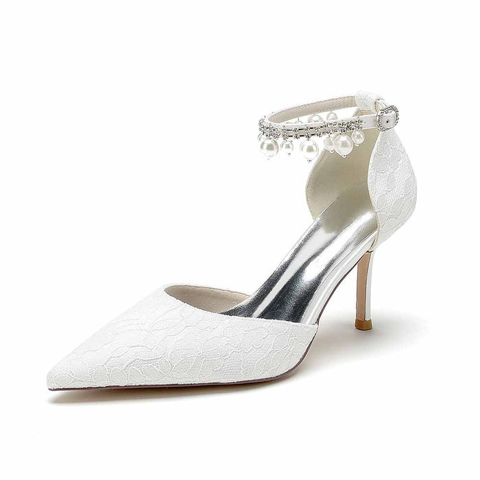 Prom Heels Ankle Strap Pumps With Pearls Lace Party Heels Bride Heel