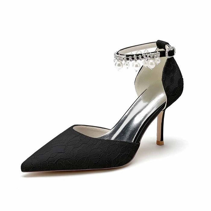 Prom Heels Ankle Strap Pumps With Pearls Lace Party Heels Bride Heel