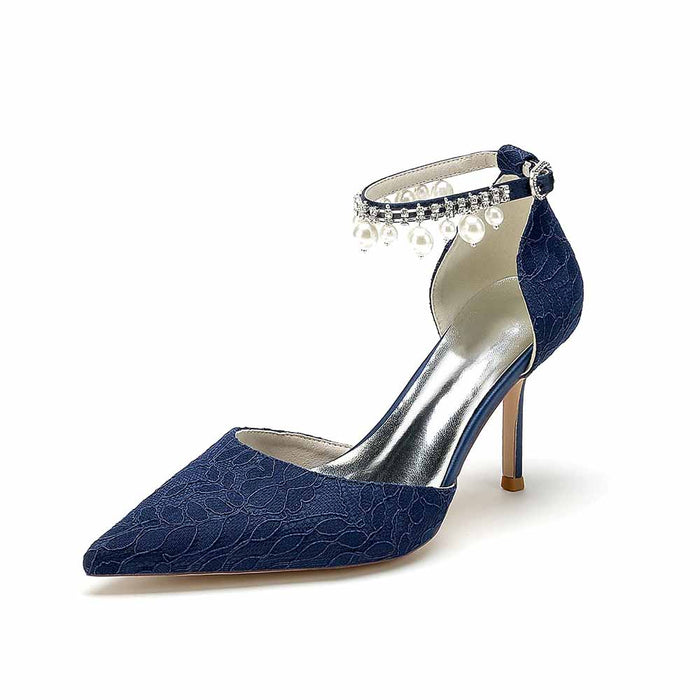 Prom Heels Ankle Strap Pumps With Pearls Lace Party Heels Bride Heel