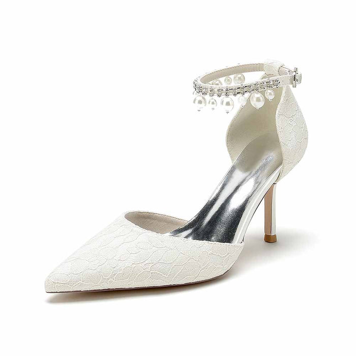 Prom Heels Ankle Strap Pumps With Pearls Lace Party Heels Bride Heel