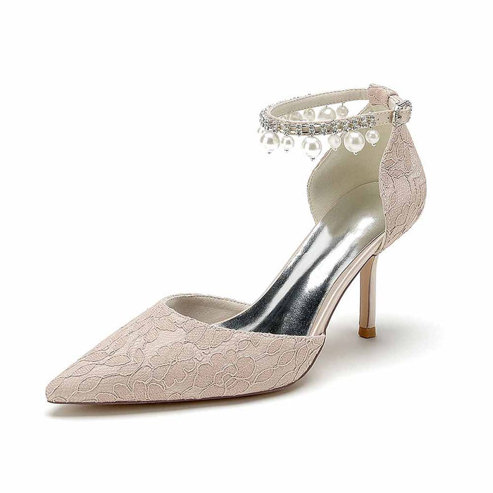 Prom Heels Ankle Strap Pumps With Pearls Lace Party Heels Bride Heel