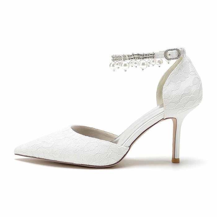 Prom Heels Ankle Strap Pumps With Pearls Lace Party Heels Bride Heel