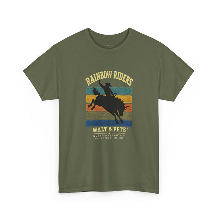 Black bucking rider silhouette over distressed colorful Western stripes