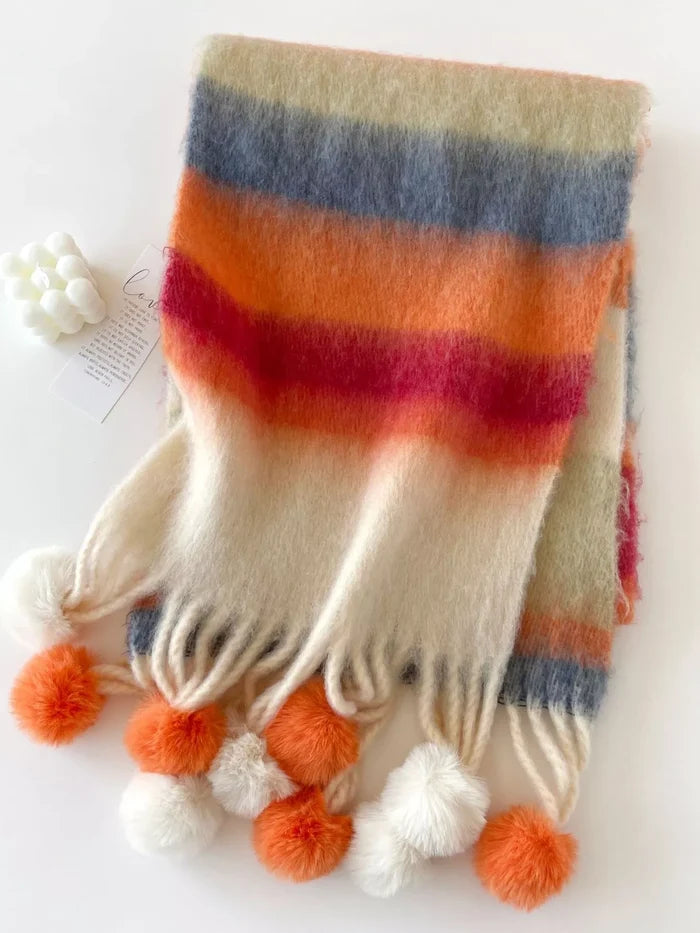 Rainbow Striped Fuzzy Scarf with Pom-Poms