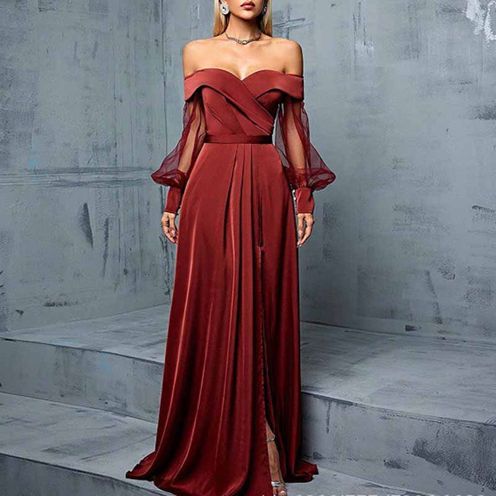 Red Brown Off Shoulder Prom Dress – Tulle Long Sleeve Formal Gown for Evening & Party