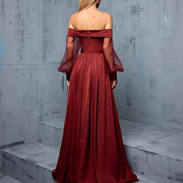 Red Brown Off Shoulder Prom Dress – Tulle Long Sleeve Formal Gown for Evening & Party