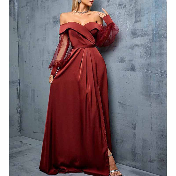 Red Brown Off Shoulder Prom Dress – Tulle Long Sleeve Formal Gown for Evening & Party
