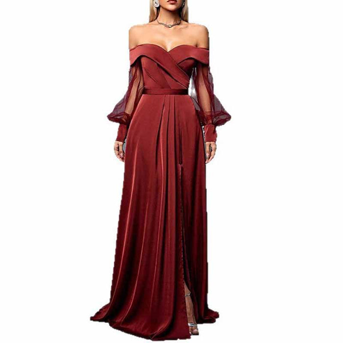 Red Brown Off Shoulder Prom Dress – Tulle Long Sleeve Formal Gown for Evening & Party