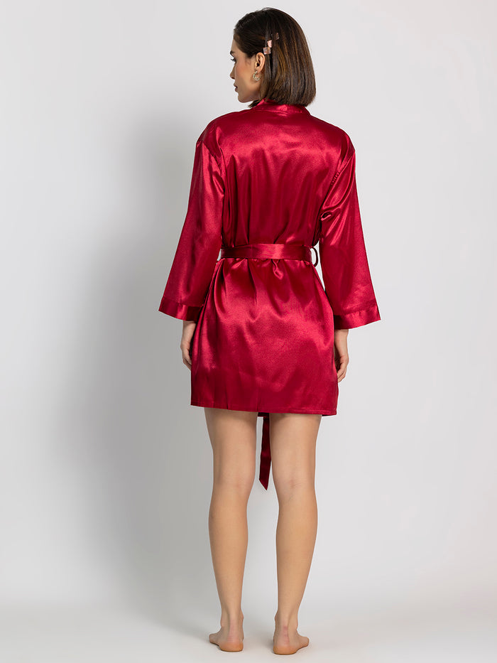 Red Satin Short Dress with Full-Sleeve Robe Set