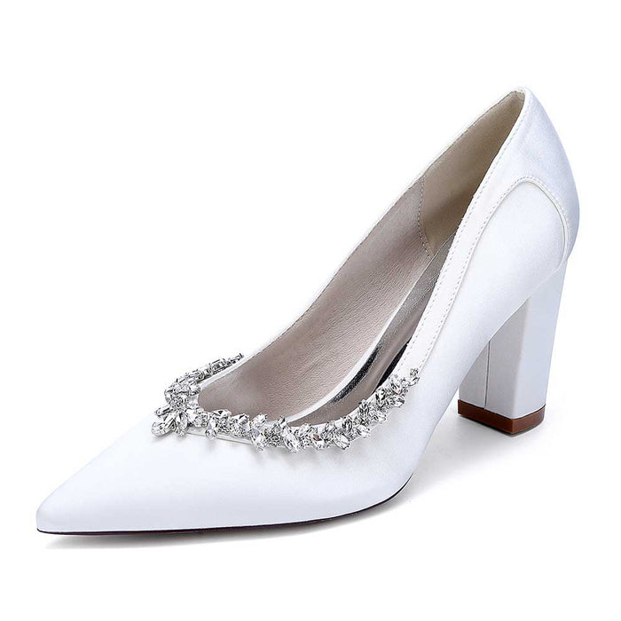 White rhinestone chunky heel prom shoes with elegant design for formal occasions