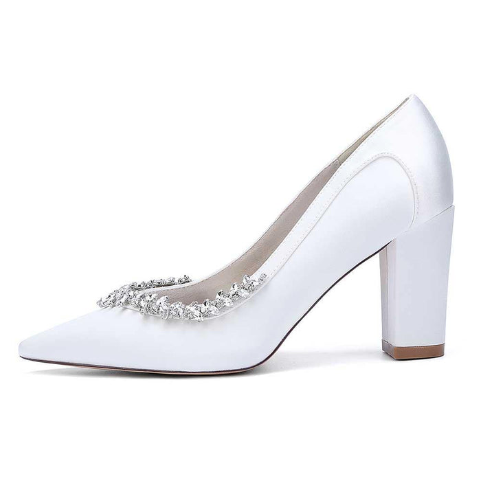 White Rhinestone chunky heel prom shoes with elegant pointed toe design