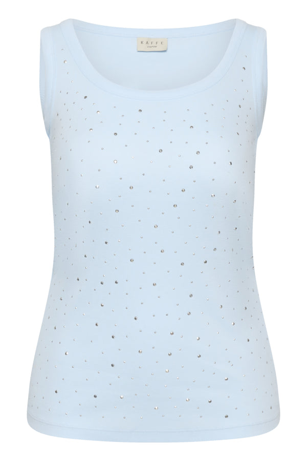 Light blue sleeveless top with small patterns on a white background
