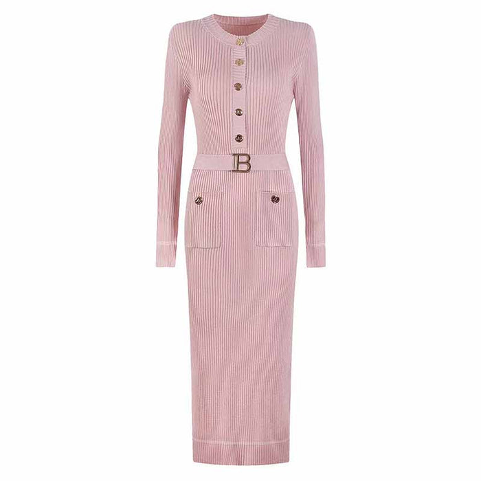 Elegant ribbed knit midi dress in soft pink with a fitted silhouette and button details