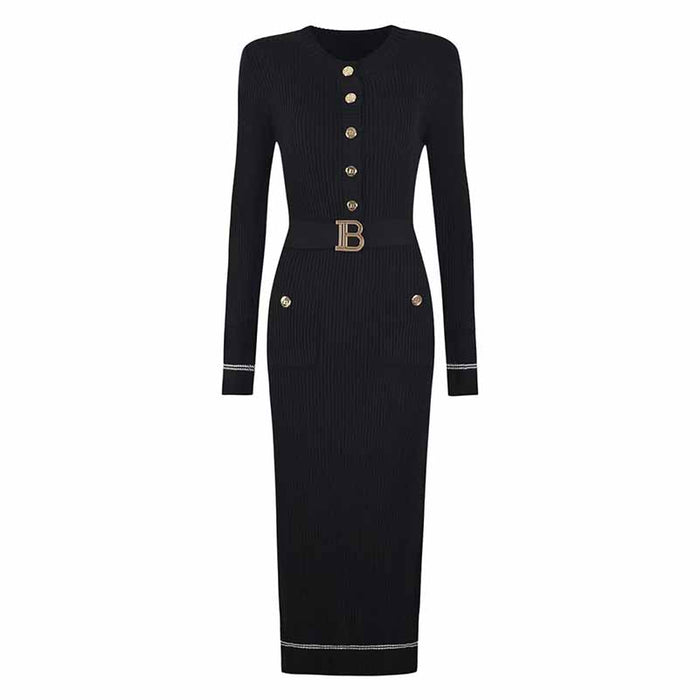 Stylish ribbed knit midi dress with button details and a waist belt for a chic look