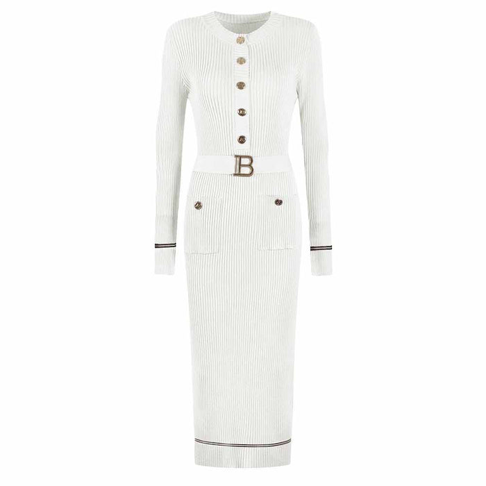 Elegant ribbed knit midi dress in white with button details and a stylish belt for a chic look