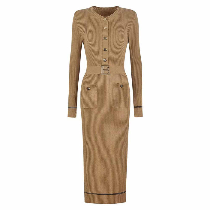 Elegant ribbed knit midi dress in beige with button detail and belted waist for a stylish look