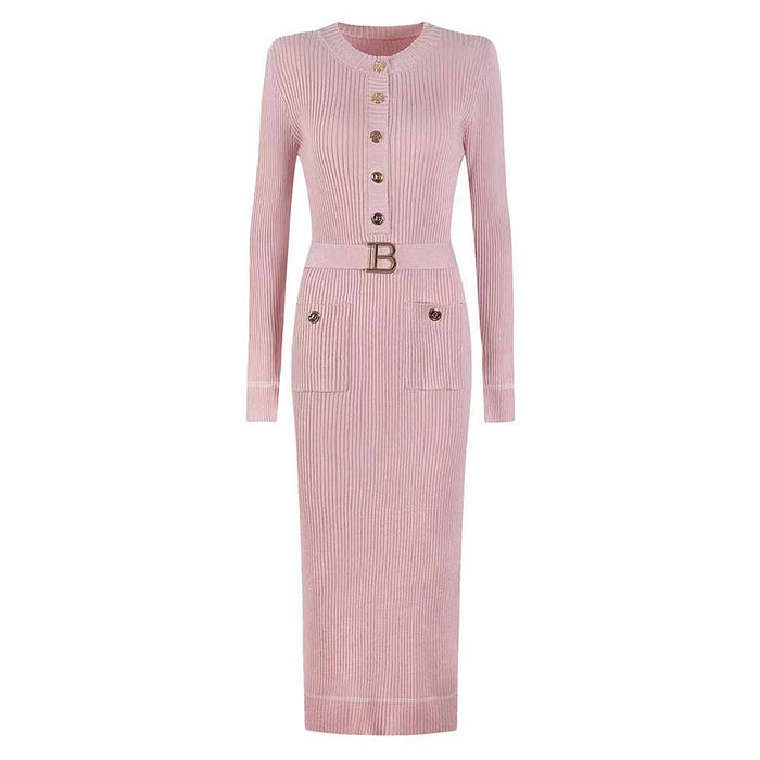 Elegant ribbed knit midi dress in soft pink with buttons and pockets for stylish occasions