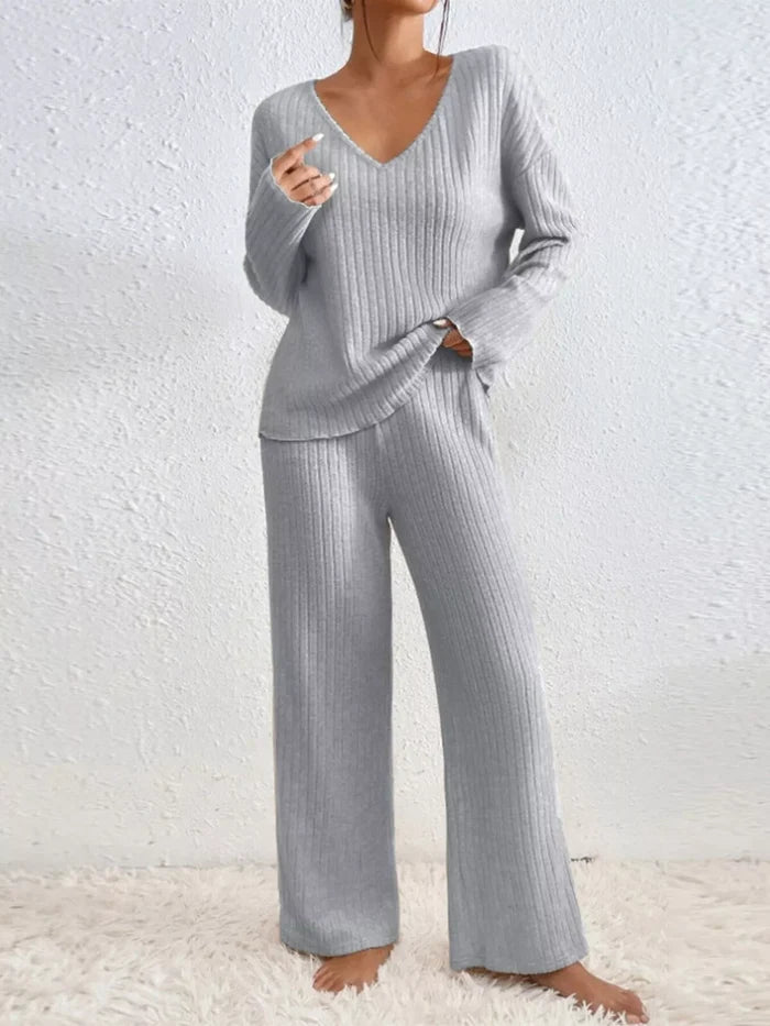 Ribbed V-Neck Top and Pants Set