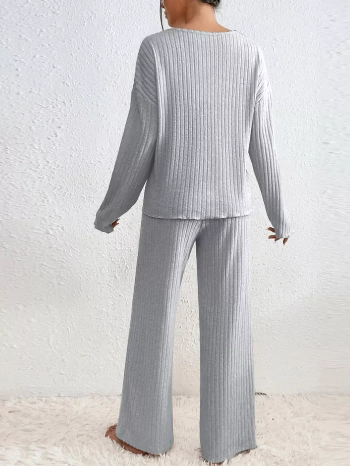 Ribbed V-Neck Top and Pants Set