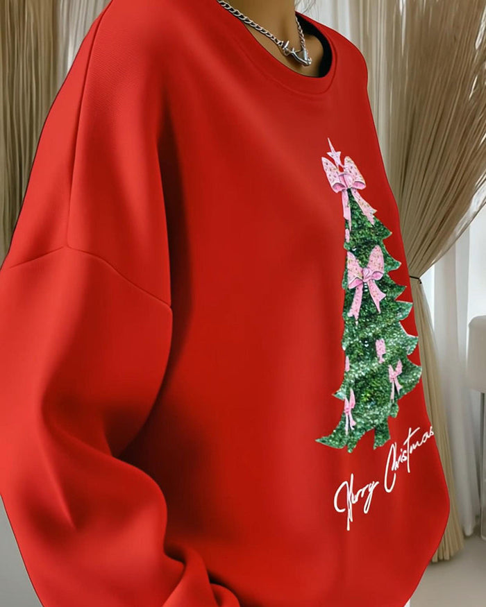 Round Neck Long Sleeve Christmas Print Sweatshirt