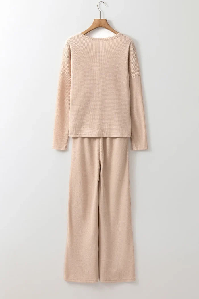 Round Neck Long Sleeve Top and Drawstring Pants Lounge Set