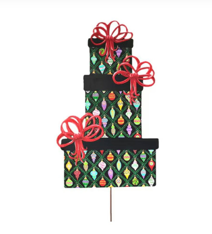Round Top Merry & Bright Gift Stack Wrapped in Ornament Paper