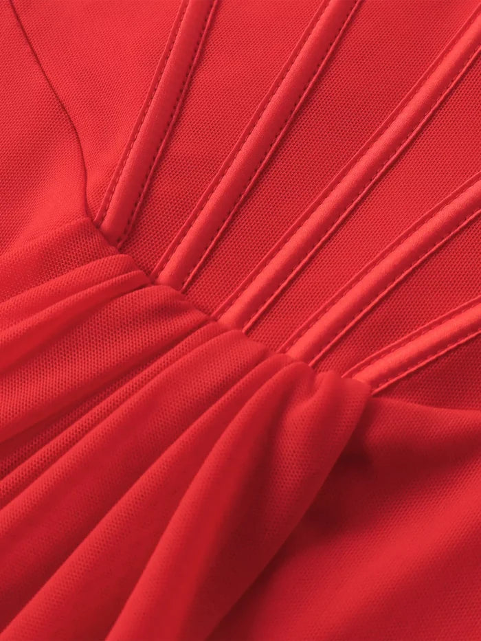 Ruched Halter Neck Mesh Slit Mini Dress