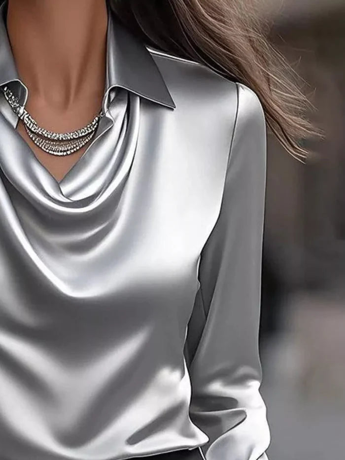 Ruched Long Sleeve Drape Collar Blouse