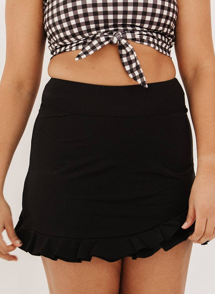 Ruffle Swim Skirt w/ Bottom in Black