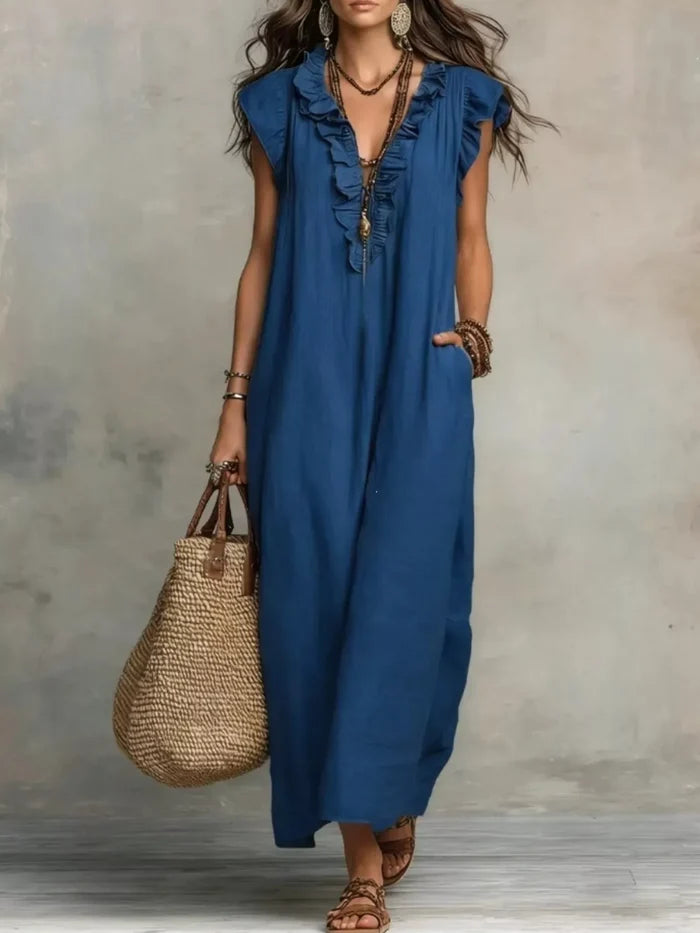 Ruffled V-Neck Cap Sleeve Maxi Dress