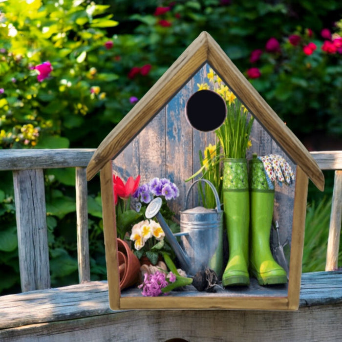 Wooden birdhouse with garden-themed decorations including green boots, flowers, and a watering can.