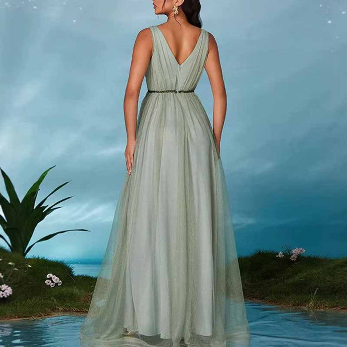 Sage Green V Neck Sleeveless Prom Dress – Elegant A Line Wedding Guest Dress