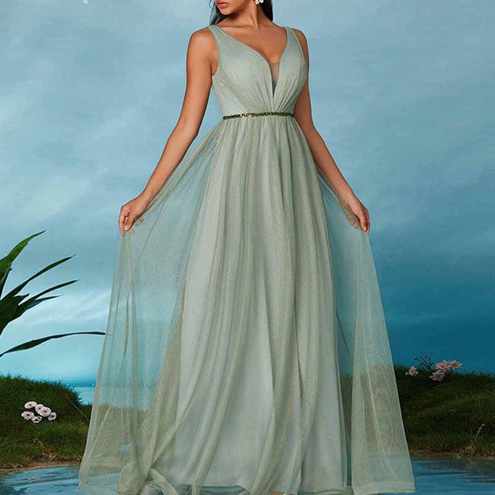 Sage Green V Neck Sleeveless Prom Dress – Elegant A Line Wedding Guest Dress