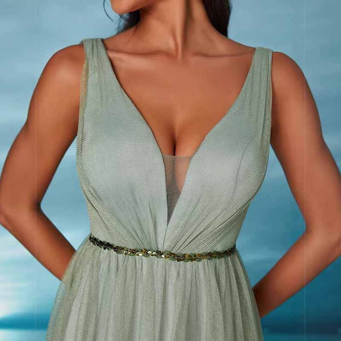 Sage Green V Neck Sleeveless Prom Dress – Elegant A Line Wedding Guest Dress