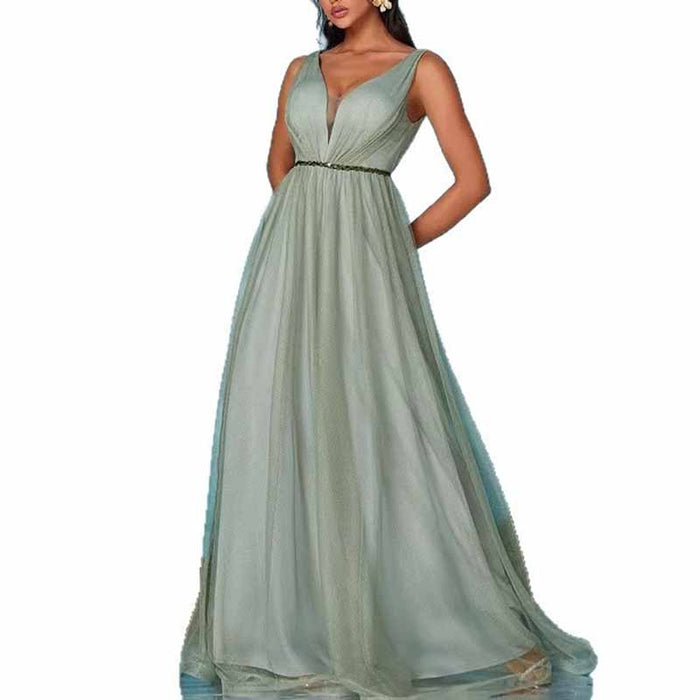 Sage Green V Neck Sleeveless Prom Dress – Elegant A Line Wedding Guest Dress