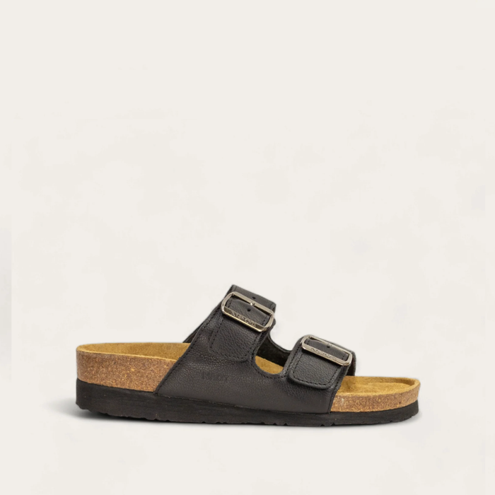 A black two-strap slide sandal with buckle closures and a cork sole.