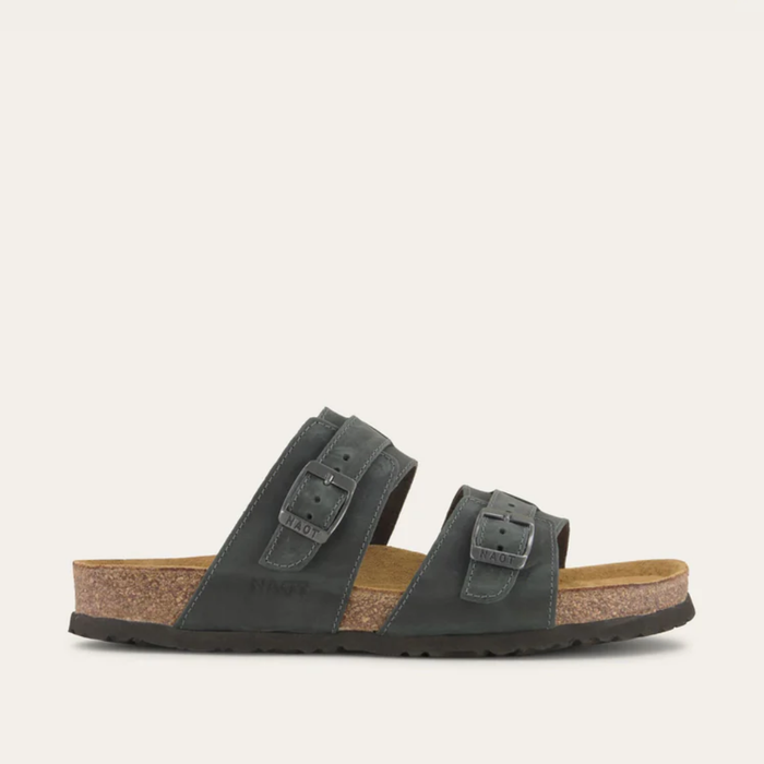 A pair of gray Santa Cruz men's sandals with two buckle closures and a cork footbed.
