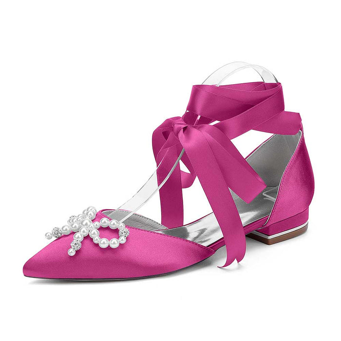 Pink bridal ankle strap flat shoes with elegant ribbon and pearl embellishments